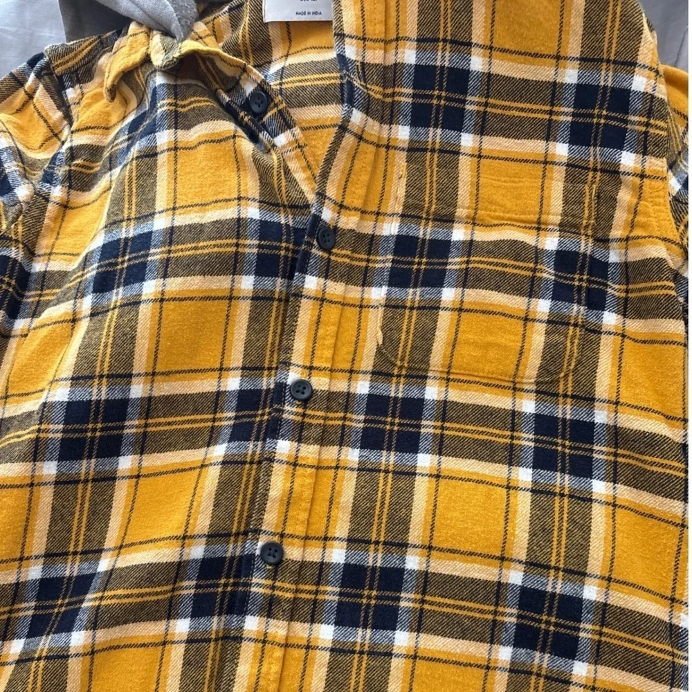 Old Navy Boys Plaid Flannel Hooded Shirt Yellow Black White Size L 10-12